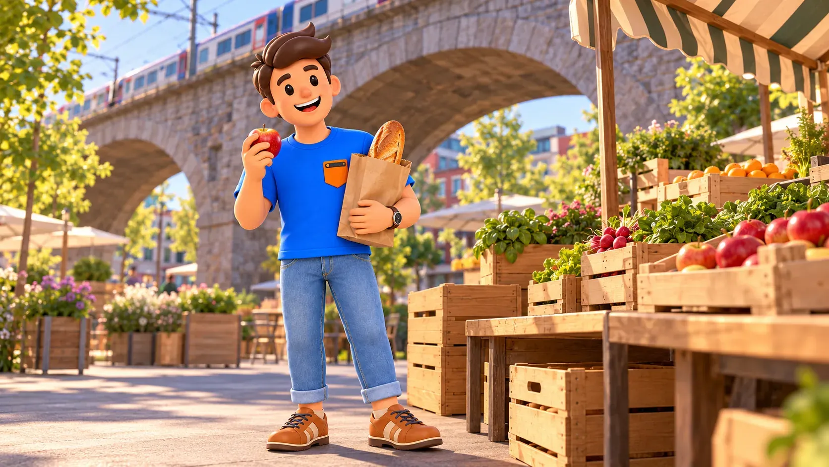 Ilustración de un viajero con pan y una manzana junto a puestos y un viaducto