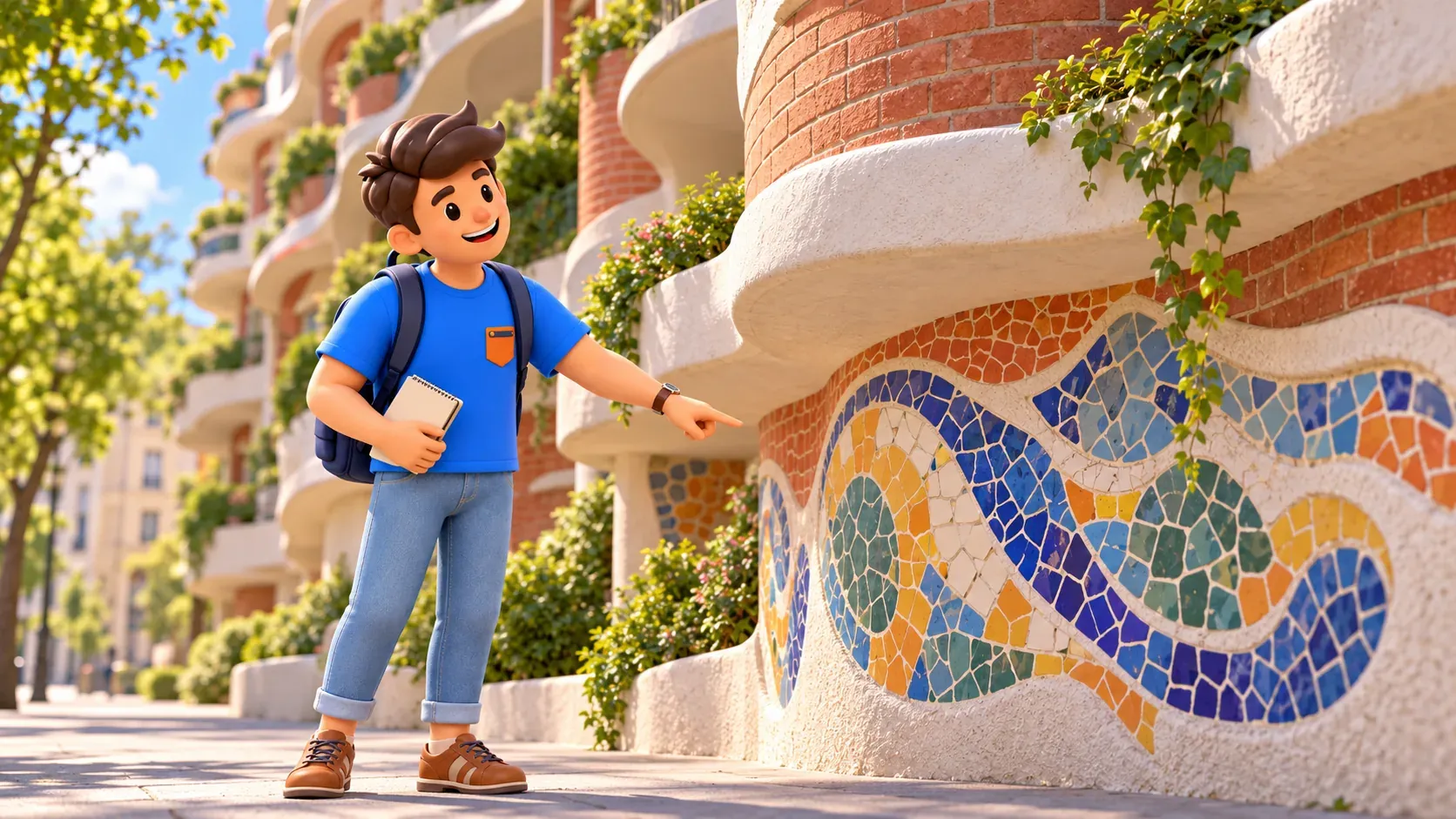 El personaje observa un detalle de mosaico con un cuaderno en la mano