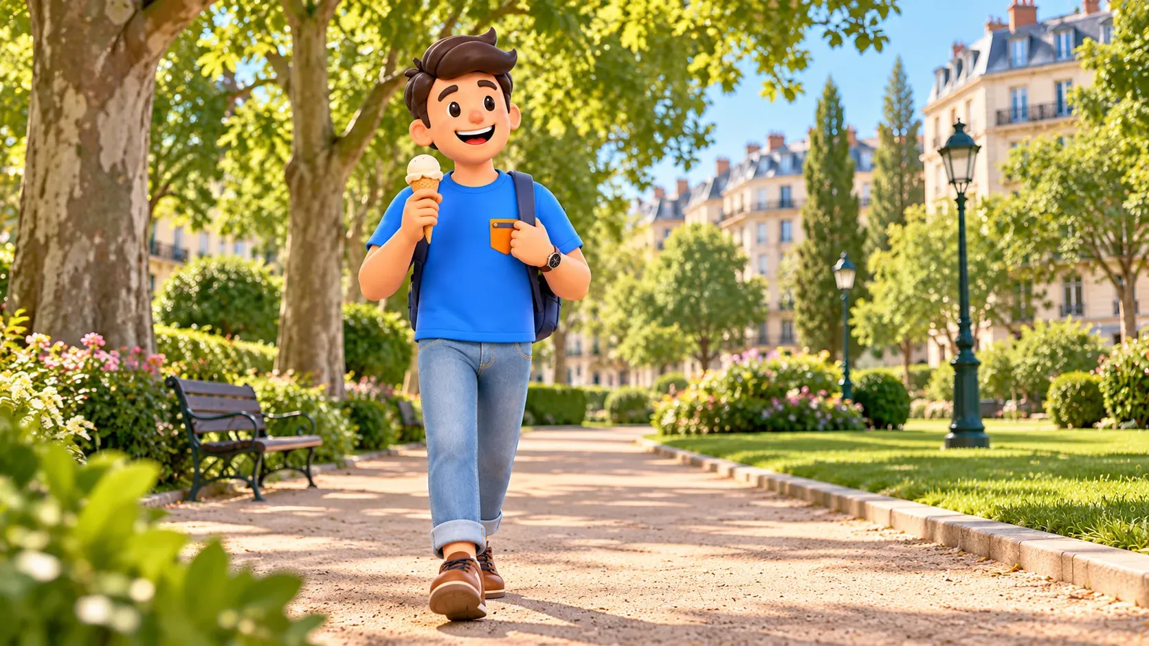 Un viajero camina con un helado por un sendero del parque urbano