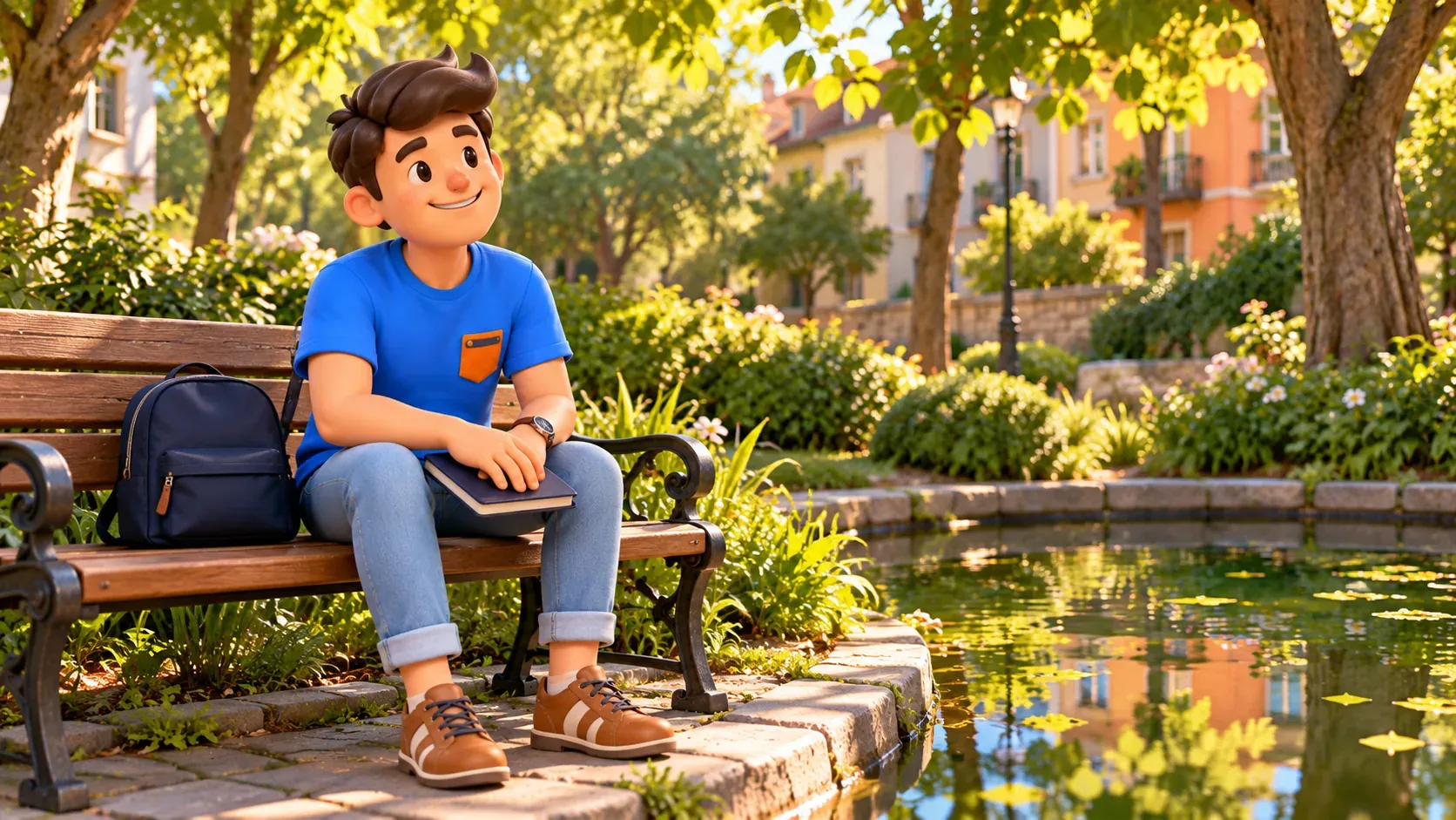 El personaje descansa con un cuaderno en un banco junto a un pequeño estanque