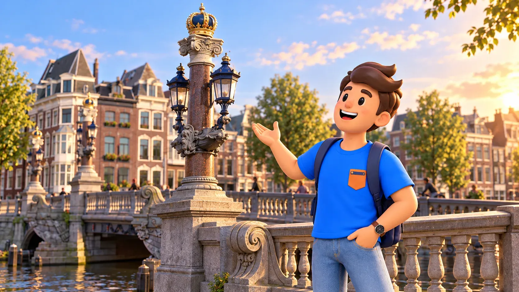 Illustration of a traveller looking at Blauwbrug’s crown and lanterns