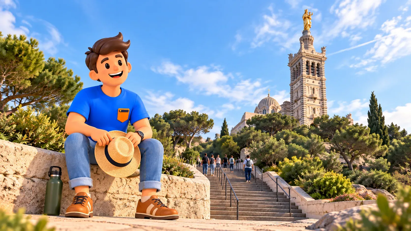 Illustrierter Reisender ruht mit Sonnenhut am nach Fotovorlage gestalteten Aufstieg zu Notre-Dame de la Garde