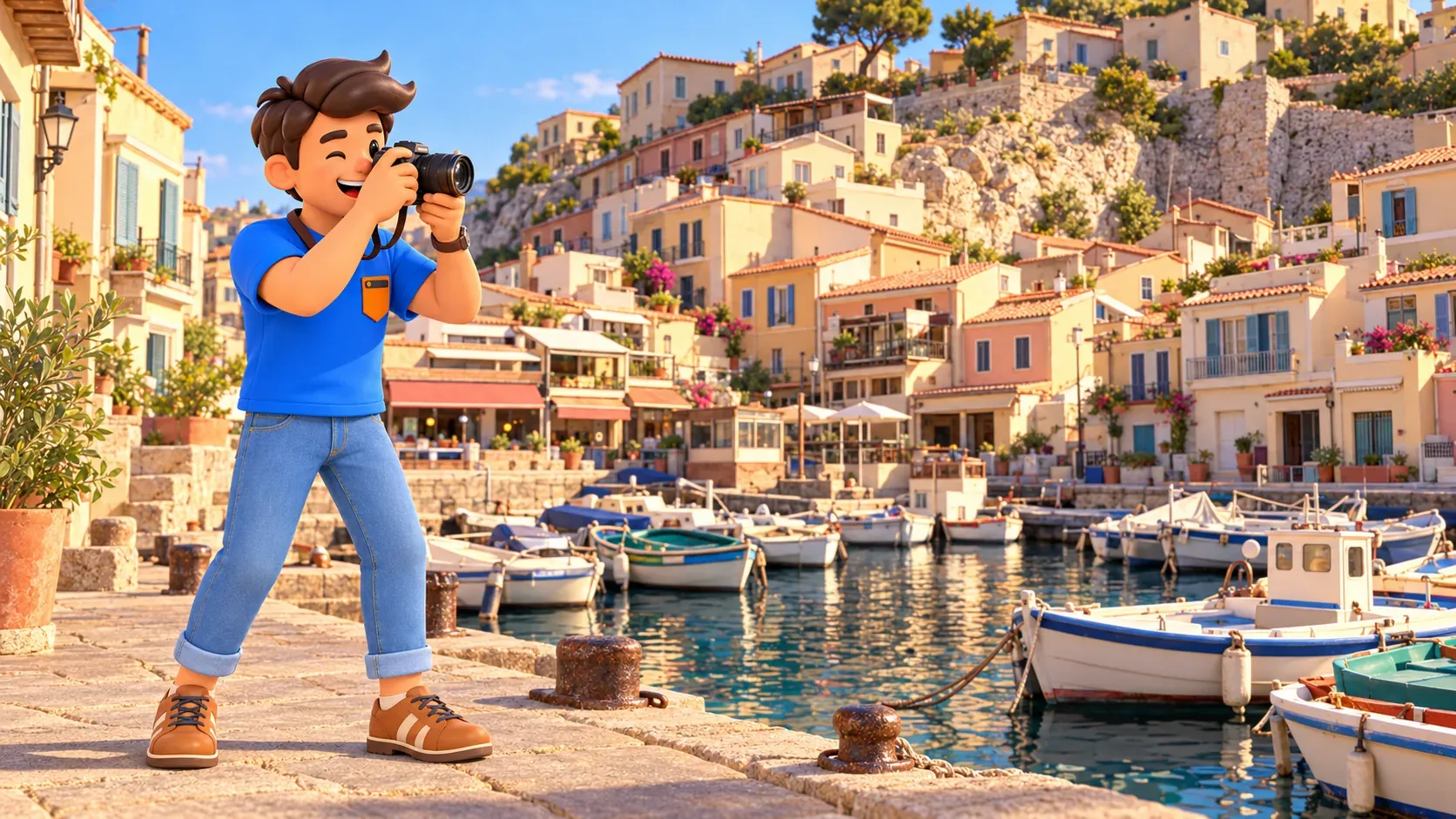 Illustrierter Reisender fotografiert Boote und Häuser in einer stilisierten Szene des Vallon des Auffes