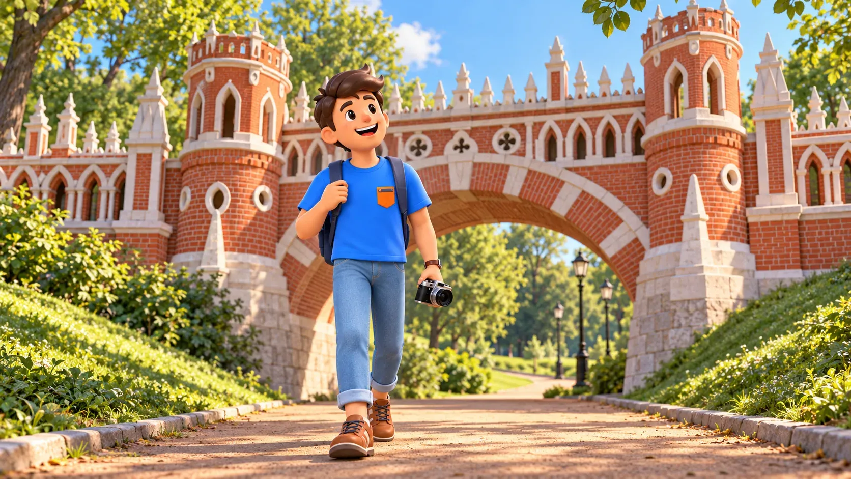 A traveler with a camera by a decorated brick bridge inspired by the Figured Bridge, 3D illustration