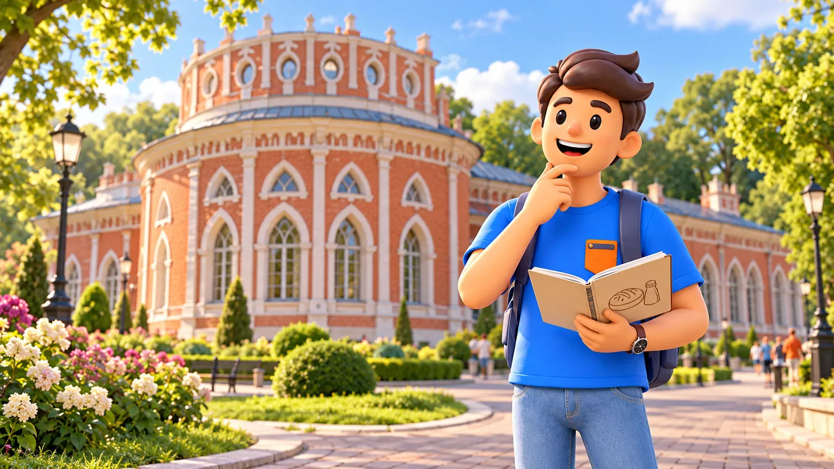 A traveler holds a book with a bread-and-salt drawing by architecture inspired by the Bread House, 3D illustration