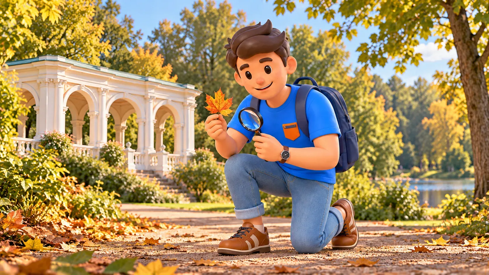 A traveler examines an autumn leaf by an illustrative classical gallery inspired by Milovida, 3D illustration