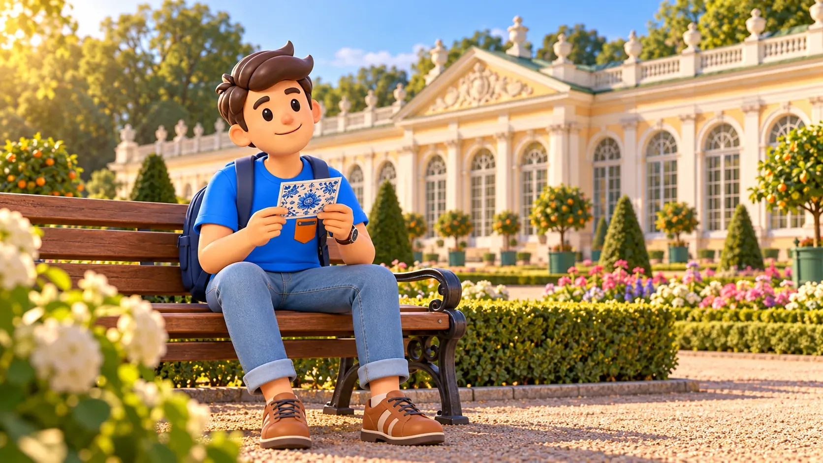 Ein Reisender mit Papiermusterkarte vor einer illustrativen Orangerie, 3D-Illustration