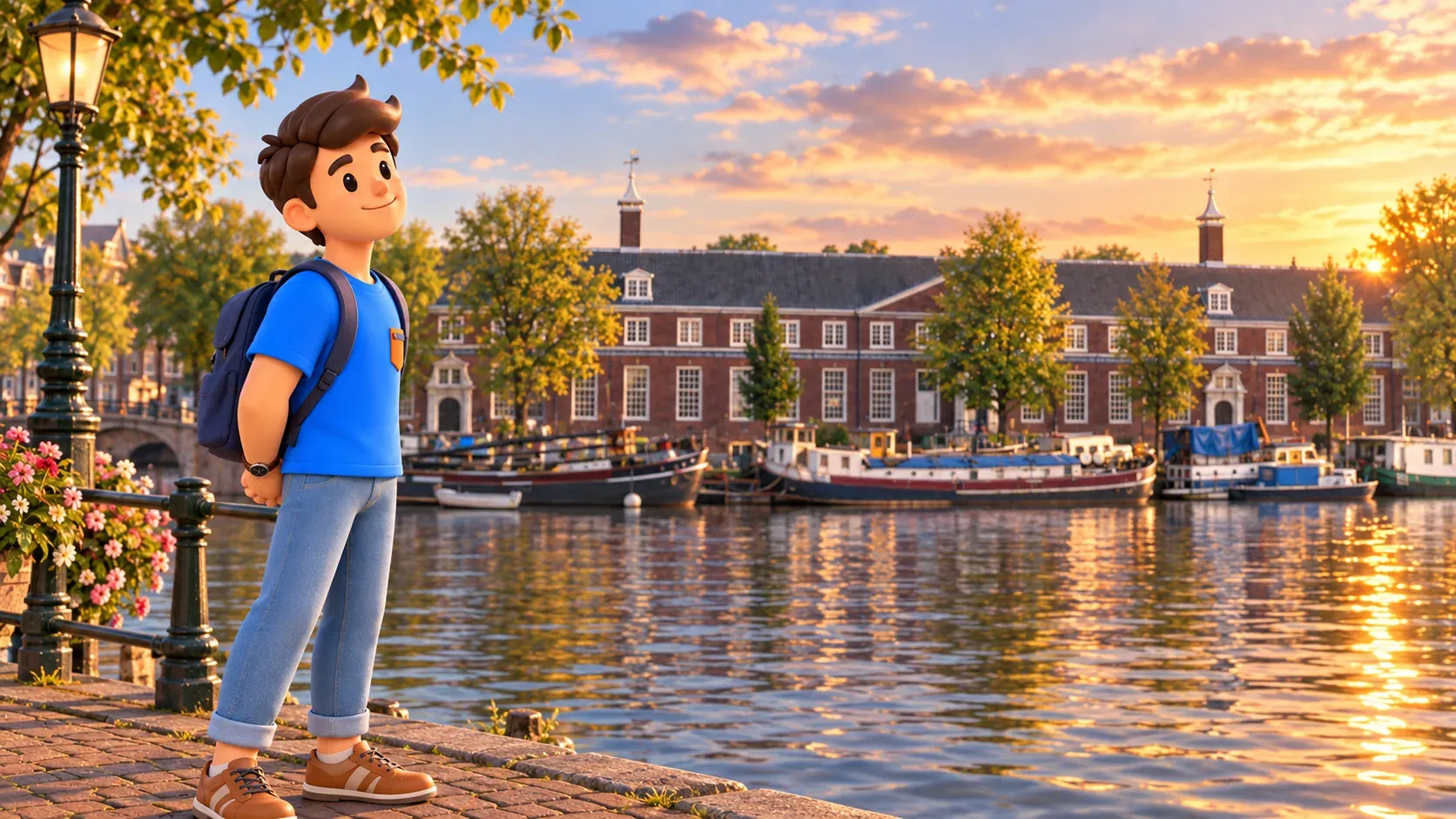 Illustration of a traveller on the Amstel bank facing H’ART’s façade