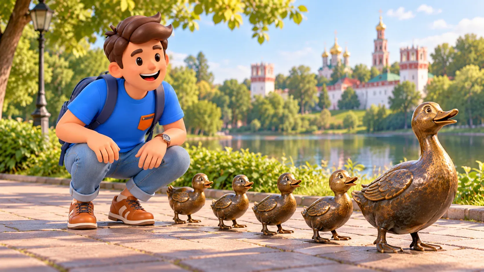 Un viajero observa figuras estilizadas de patos de bronce en un parque, ilustración 3D