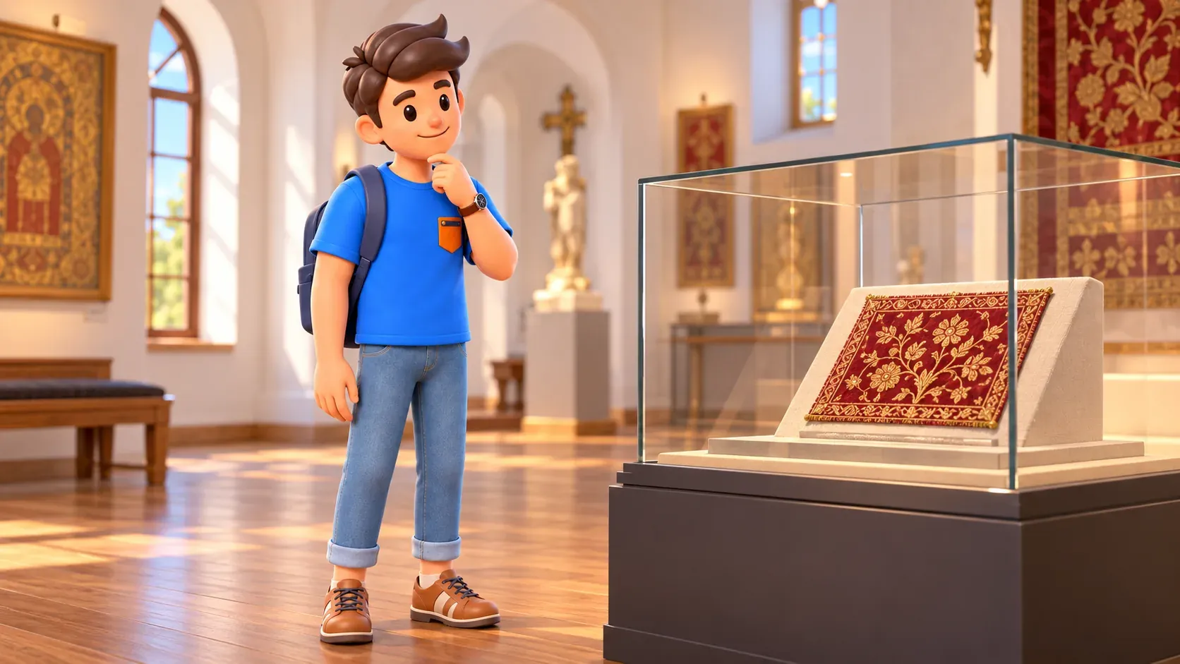 Un viajero observa un bordado de oro ilustrativo en una vitrina de museo, ilustración 3D
