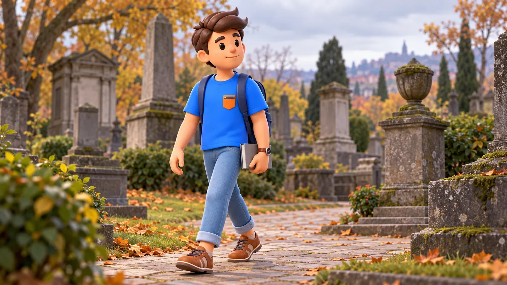Un viajero con un libro cerrado en un camino ilustrativo de cementerio histórico, ilustración 3D