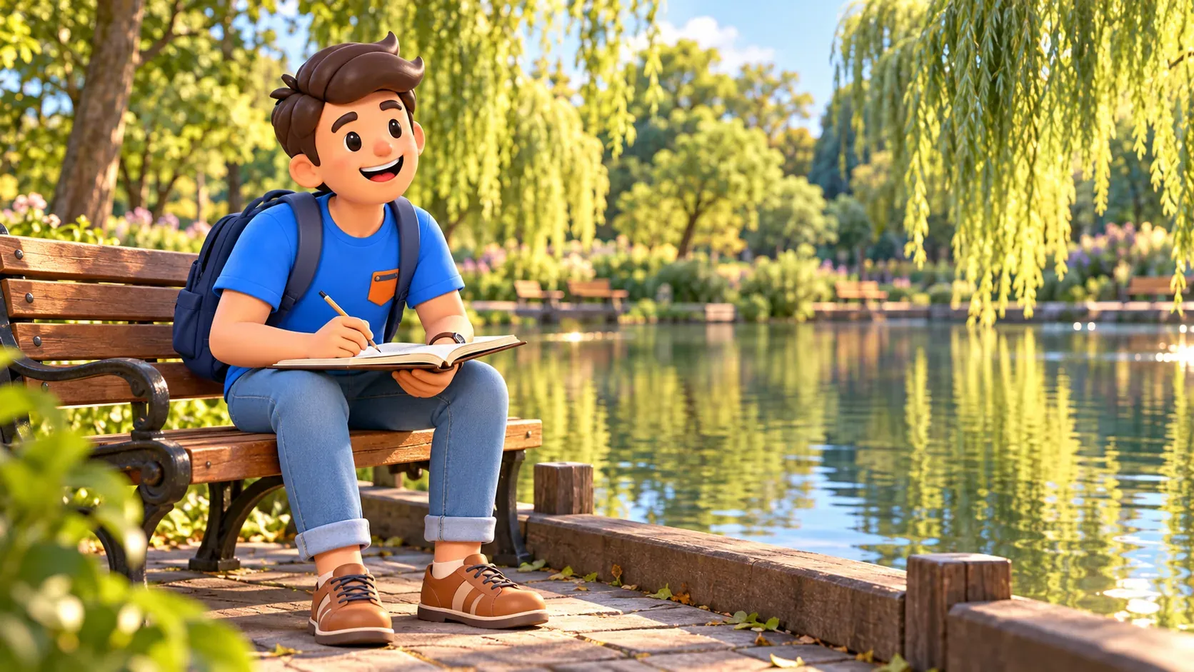 A traveler makes notes beside a willow-lined pond, artistic illustration inspired by Golitsyn Pond