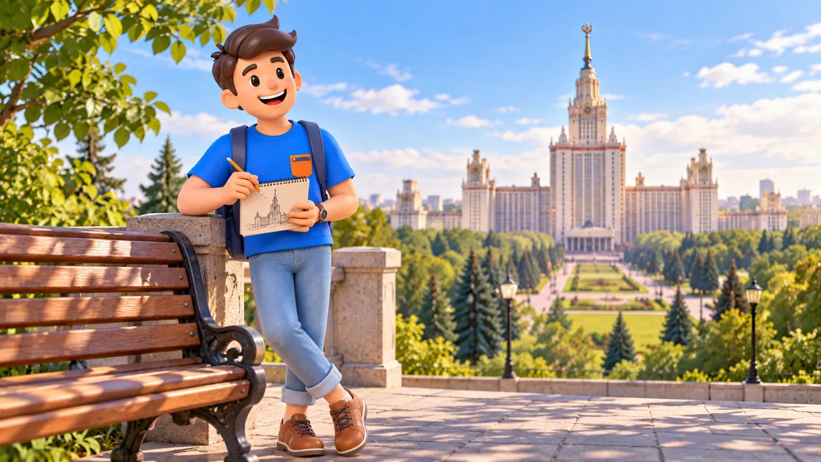 Un voyageur avec un croquis près du bâtiment principal stylisé de l’université de Moscou, illustration 3D