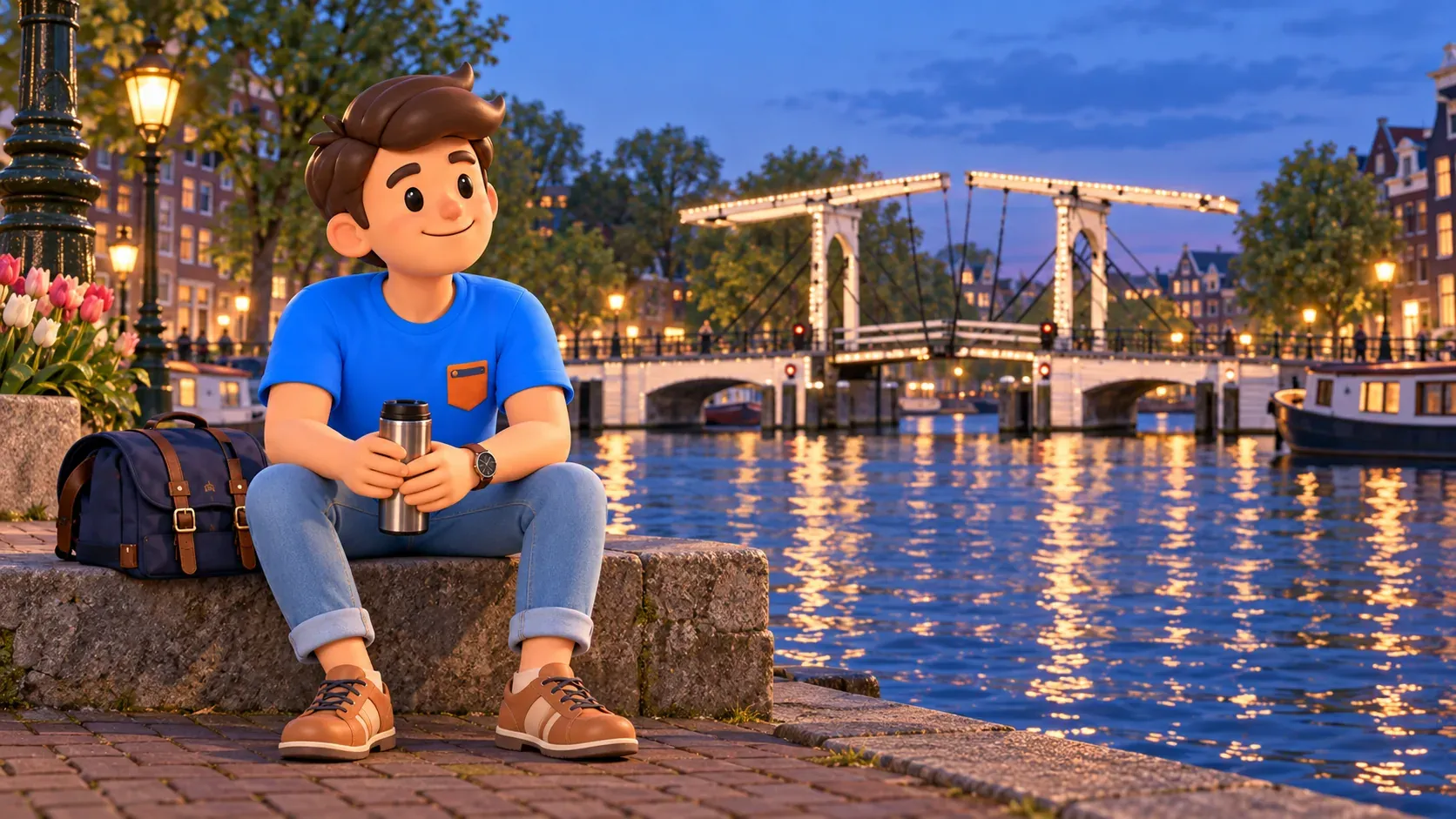 Illustration of a traveller resting with a thermos beside the Amstel and Magere Brug