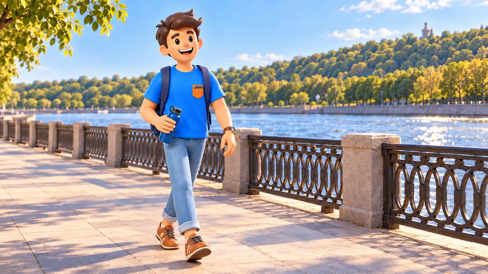Un voyageur avec une bouteille sur un quai illustratif face à une pente boisée, illustration 3D