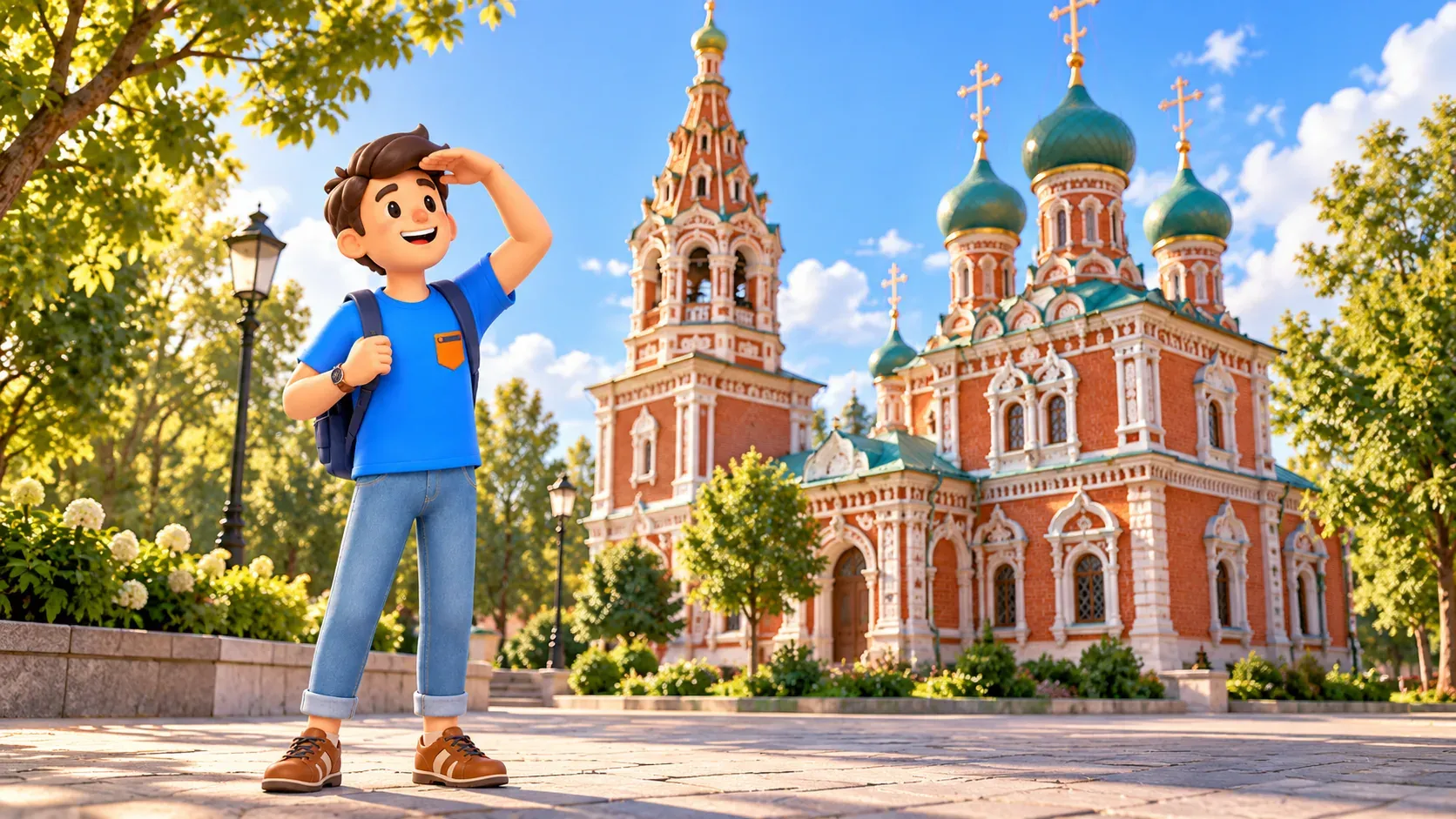 Путешественник рассматривает стилизованный краснокирпичный Троицкий храм в Останкине, иллюстрация 3D