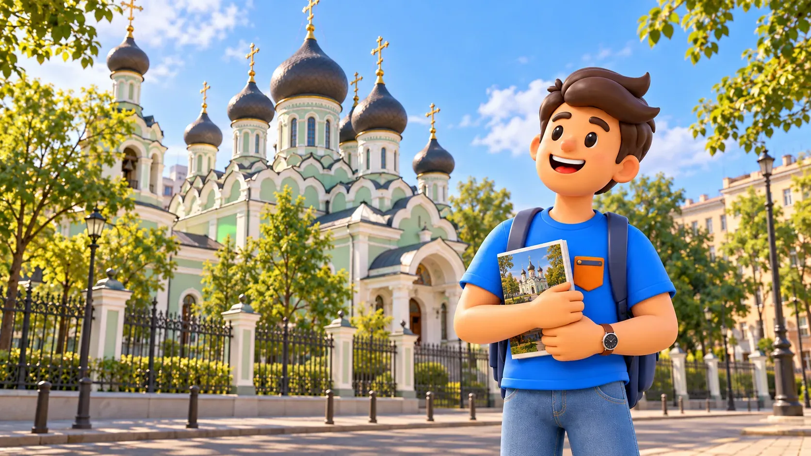 Ein Reisender mit Reiseführer vor einer stilisierten Auferstehungskirche in Sokolniki, 3D-Illustration