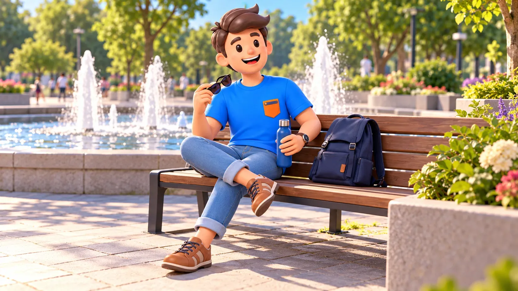 Ein Reisender mit Wasserflasche und Sonnenbrille ruht an einem von Sokolniki inspirierten Brunnen, 3D-Illustration