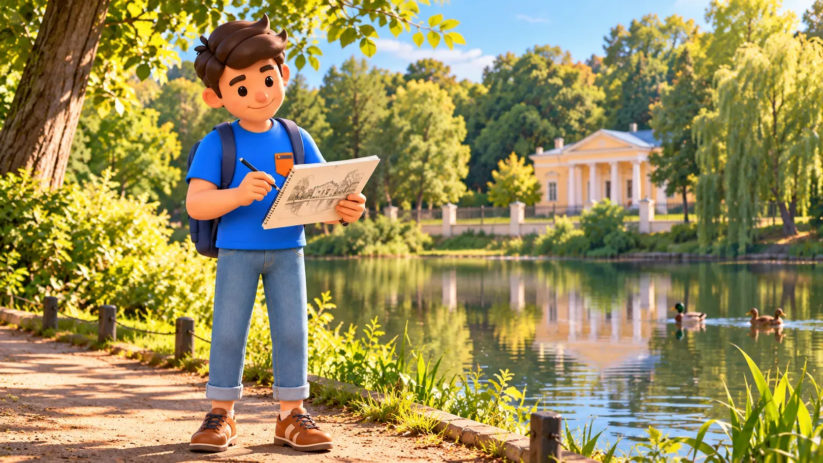 A traveler sketches an illustrative estate landscape from a park path, 3D illustration