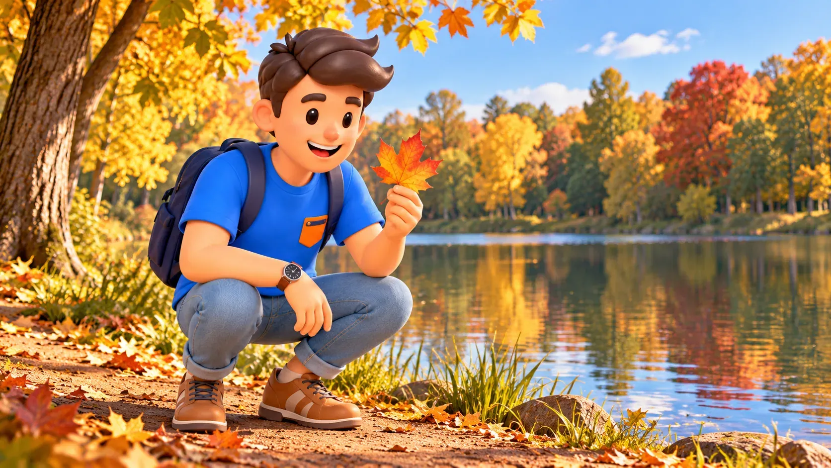 A traveler examines a fallen leaf beside an autumn pond, 3D illustration