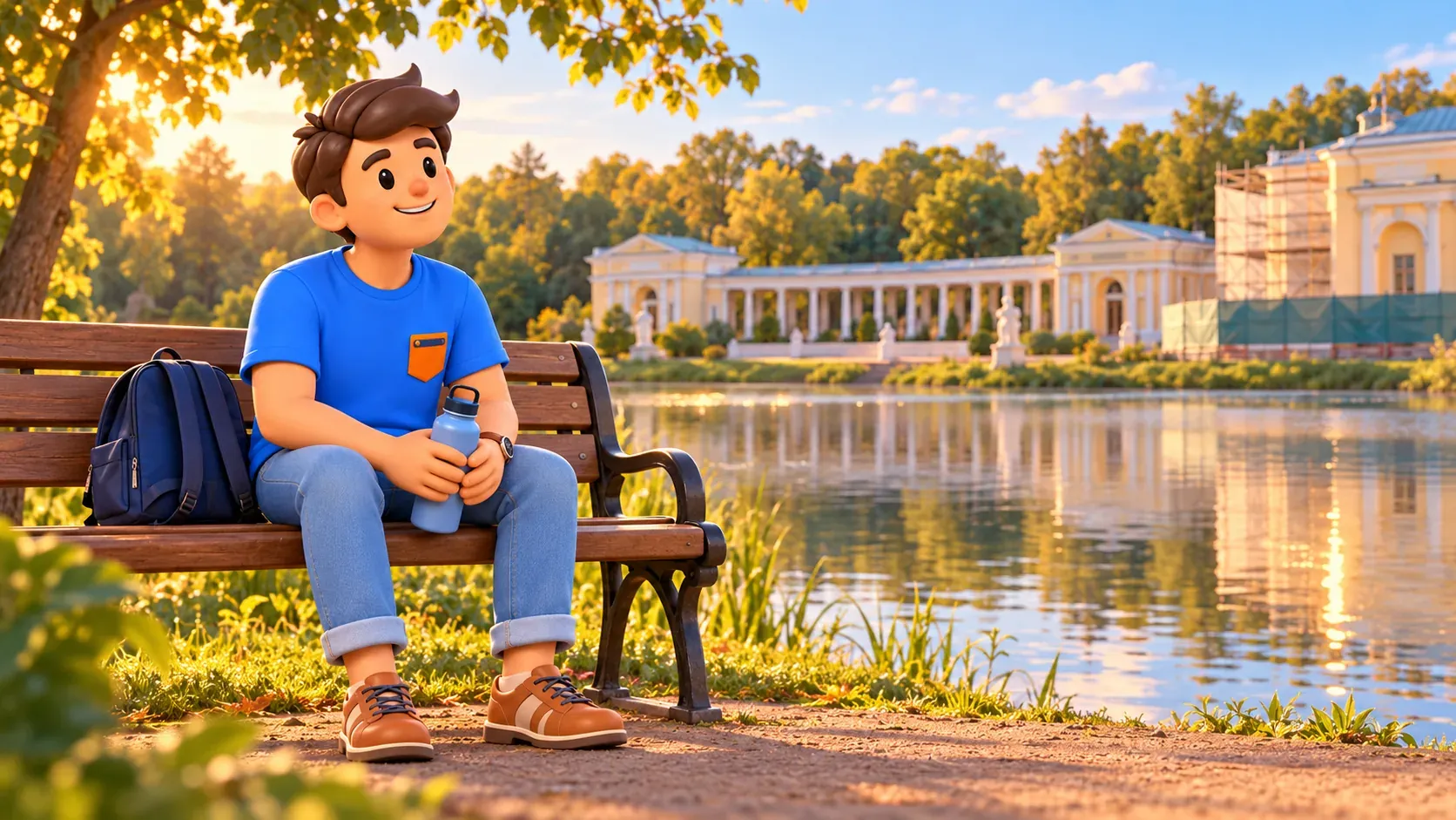 A traveler rests beside water opposite an illustrative estate under restoration, 3D illustration