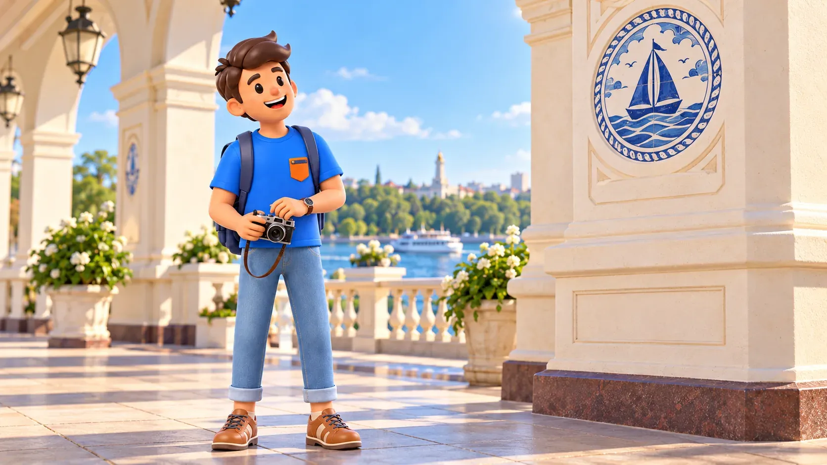 A traveler with a camera studies an illustrative nautical ceramic medallion in an arcade, 3D illustration