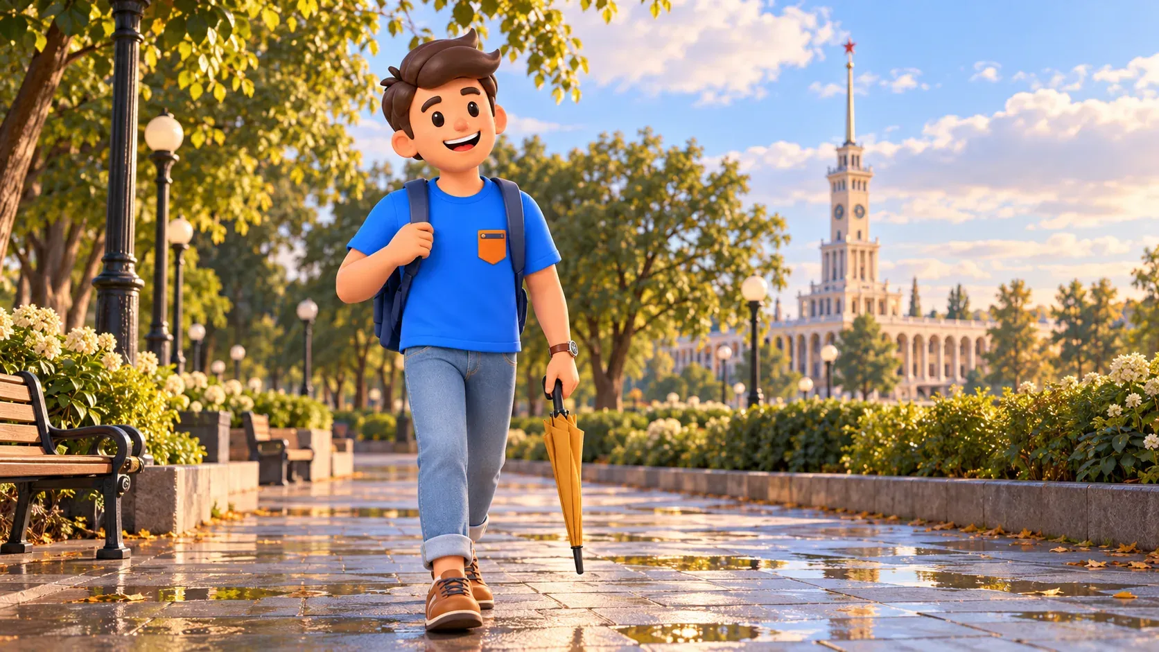 A traveler with a closed umbrella on an illustrative park path with a stylized terminal in the distance, 3D illustration