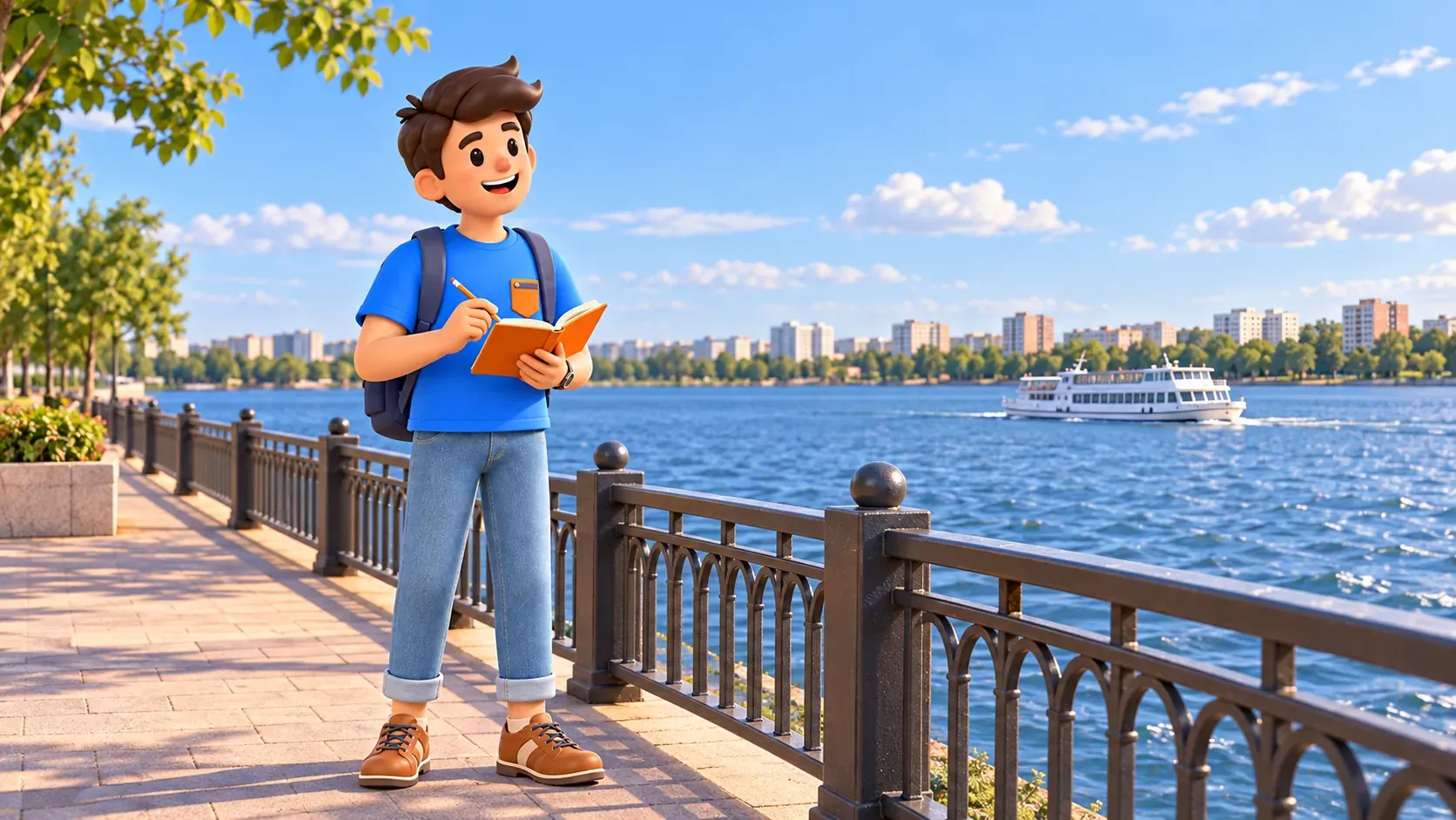 A traveler with a notebook beside an illustrative Moscow reservoir with a flat urban shore and passenger boat, 3D illustration