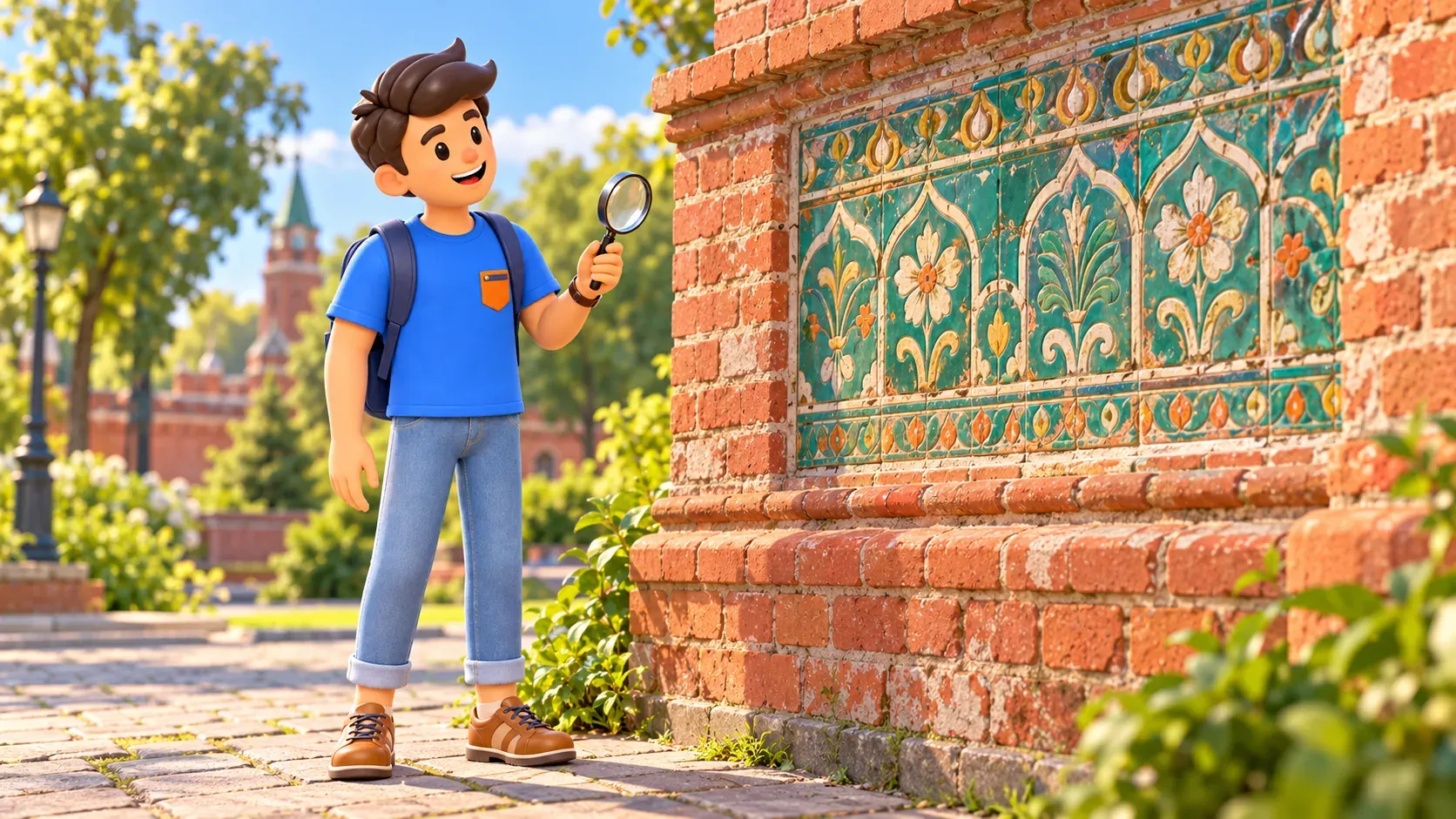 Un viajero observa un panel cerámico estilizado sobre un muro de ladrillo, ilustración 3D