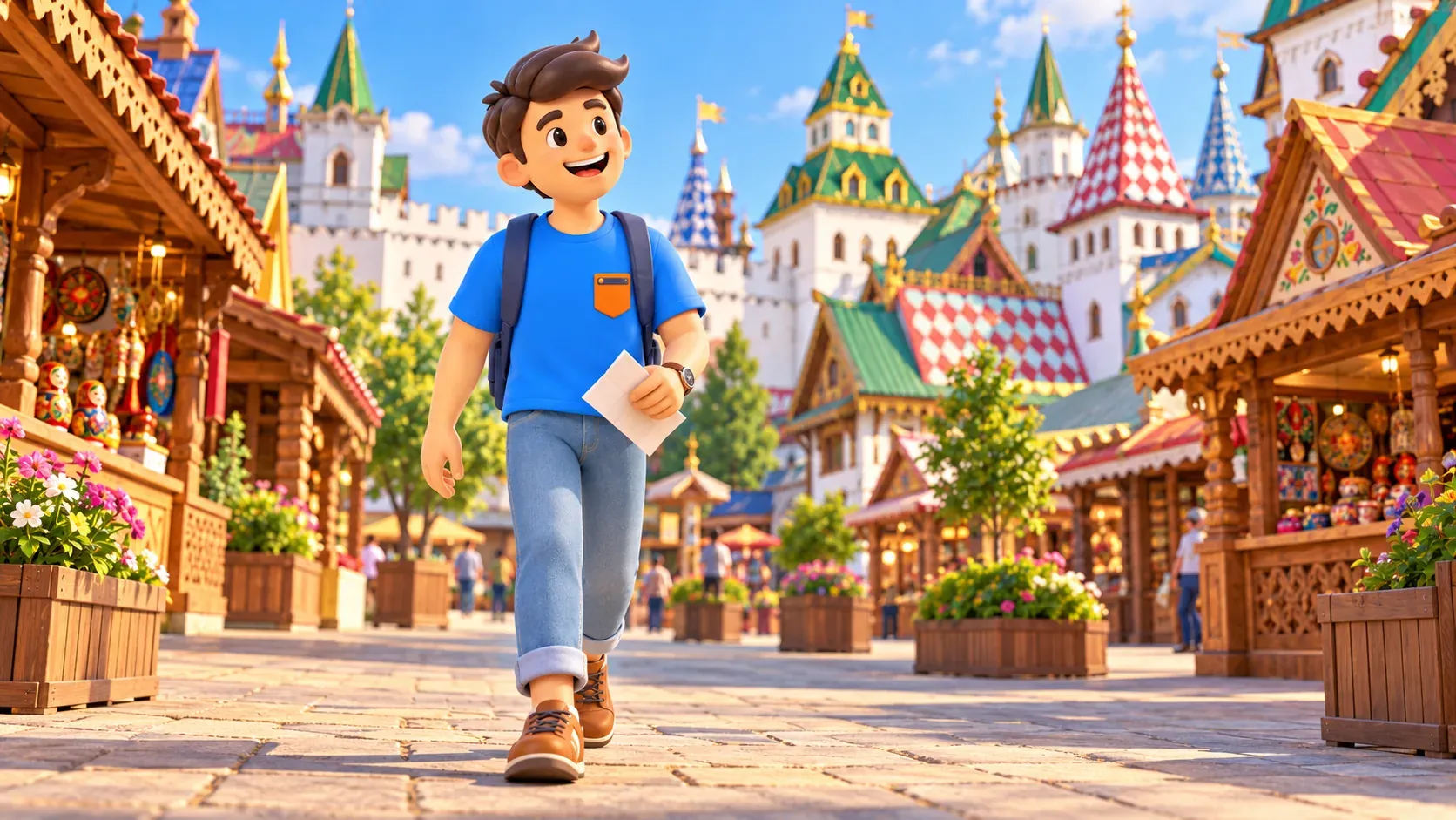 Un viajero pasea entre edificios coloridos inspirados en el Kremlin moderno de Izmailovo, ilustración 3D