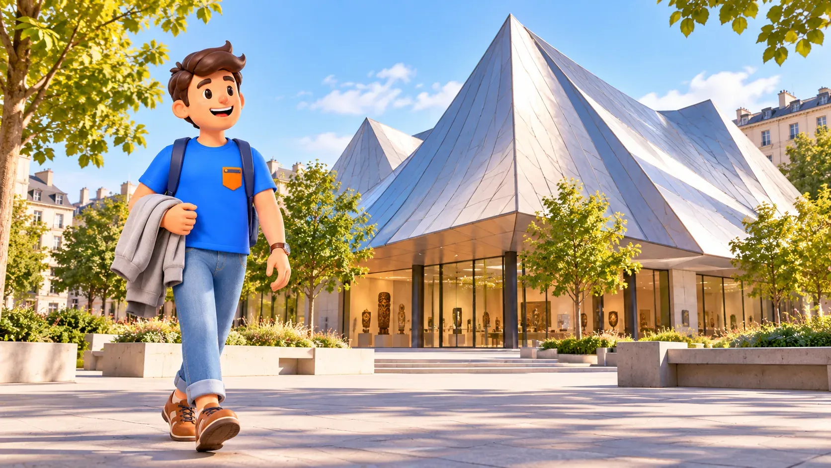 Ein Reisender geht an einem modernen Museum mit Metalldach vorbei