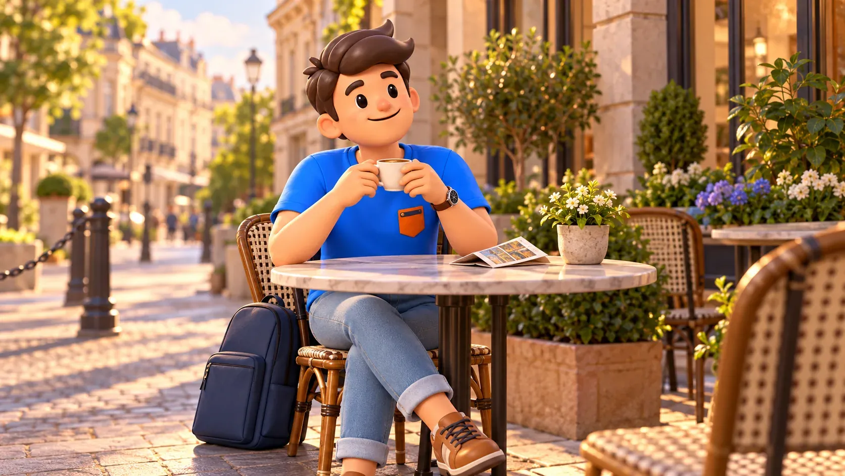 Die Figur entspannt nach dem Museumsbesuch bei einem Kaffee