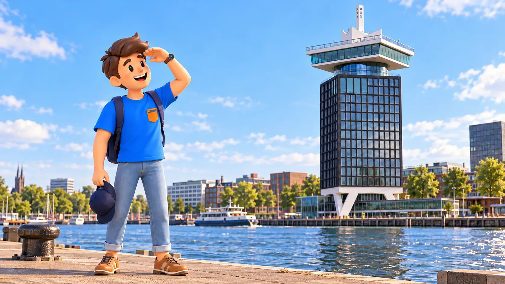 Ilustración de un viajero mirando la torre A’DAM desde la ribera