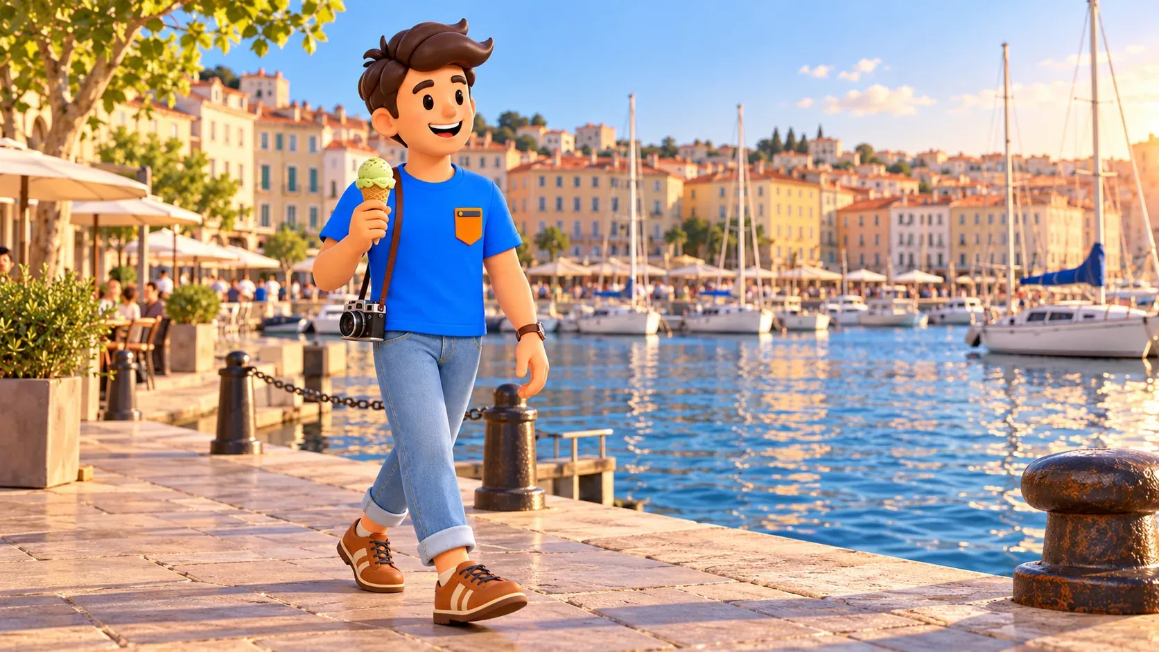 Illustrated traveller enjoying an ice cream on an Old Port-inspired Marseille quay