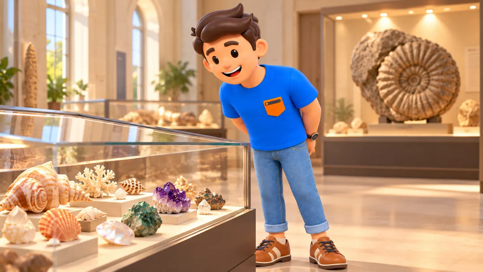 Illustrated traveller examining shells and minerals in a fictional natural-history gallery, not an actual Marseille display