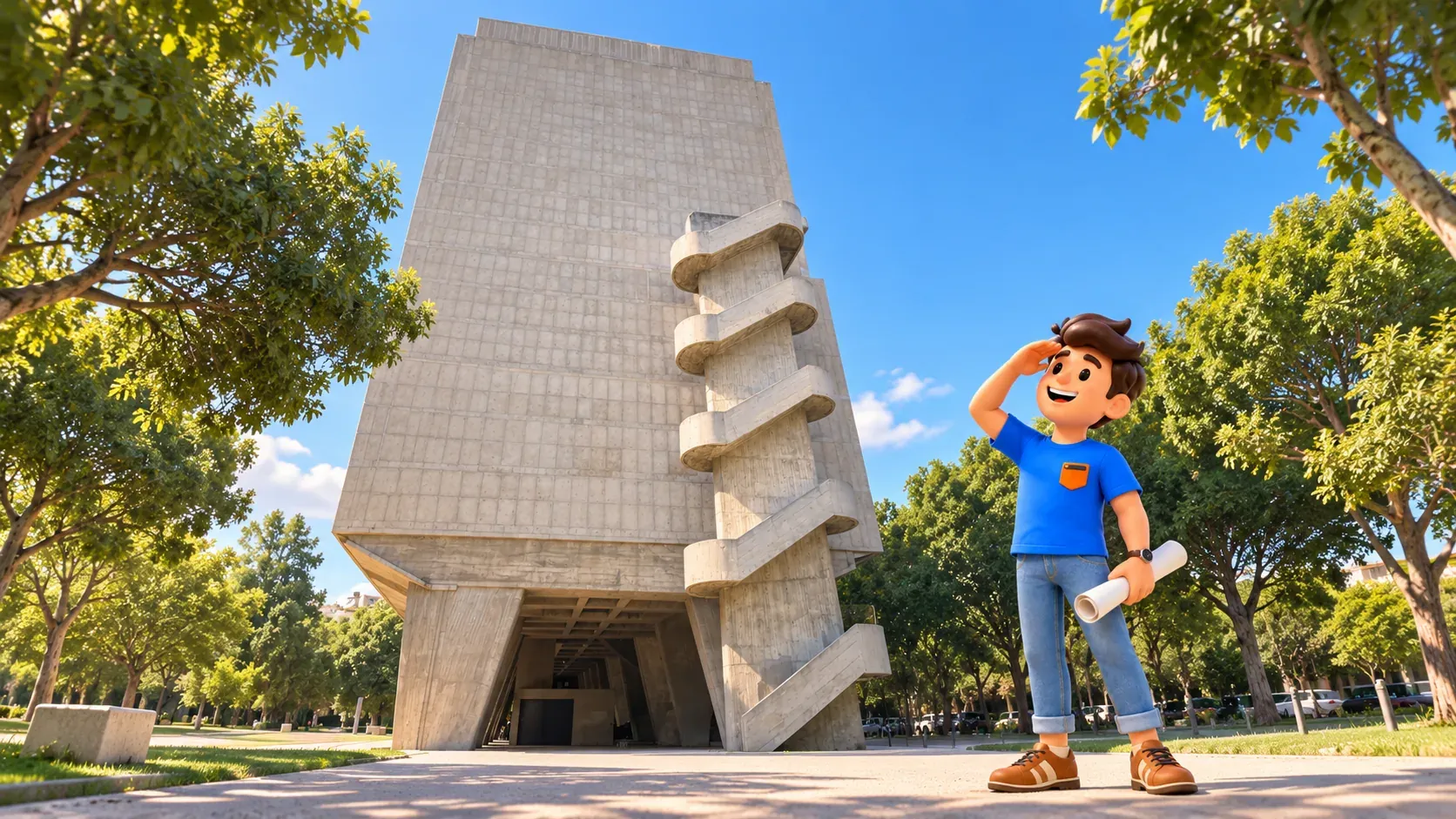 Illustrated traveller with rolled paper looking up at the photo-inspired end facade of Marseille’s Cité Radieuse