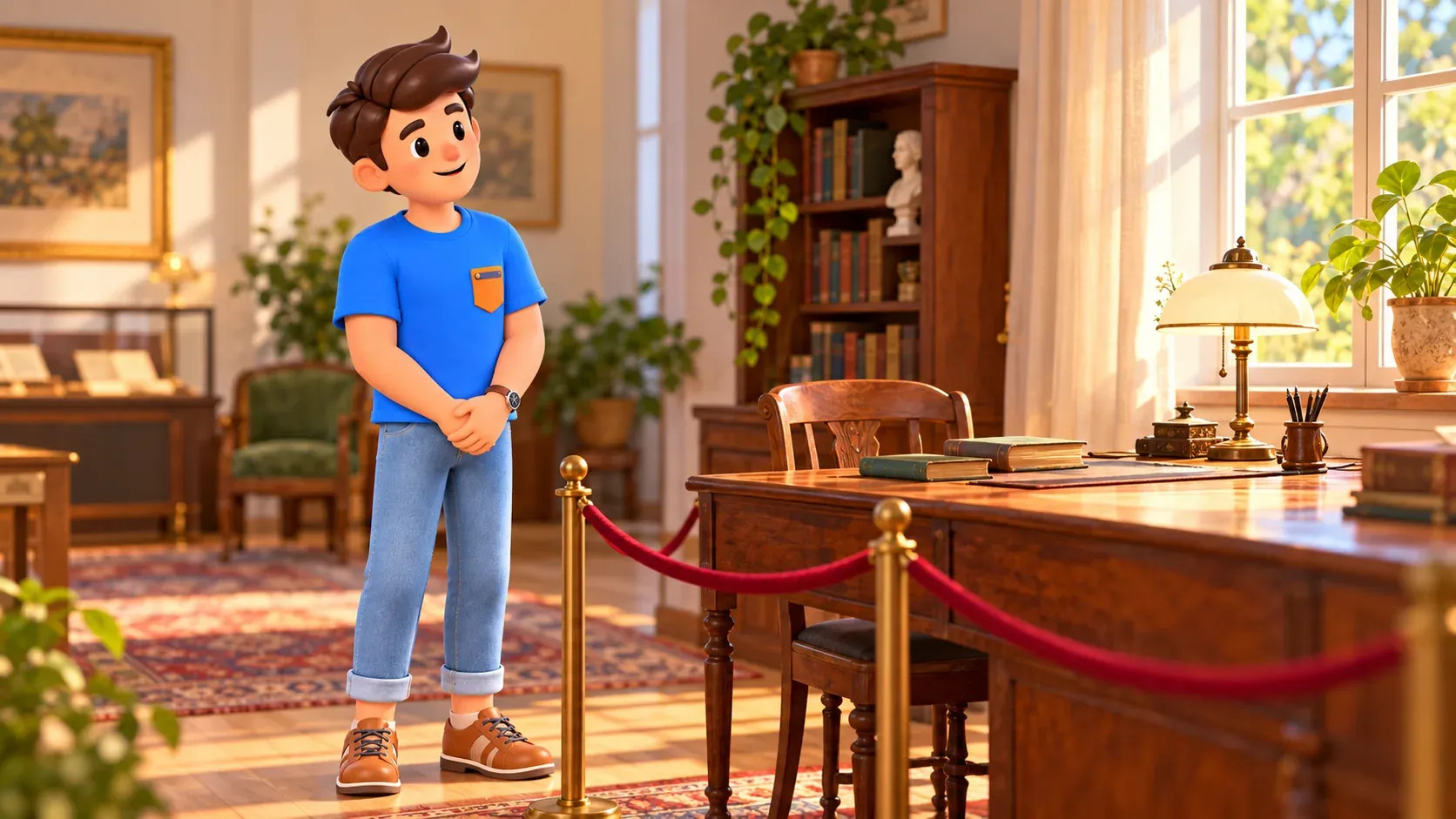 Un voyageur observe un bureau dans un musée littéraire illustré, illustration 3D