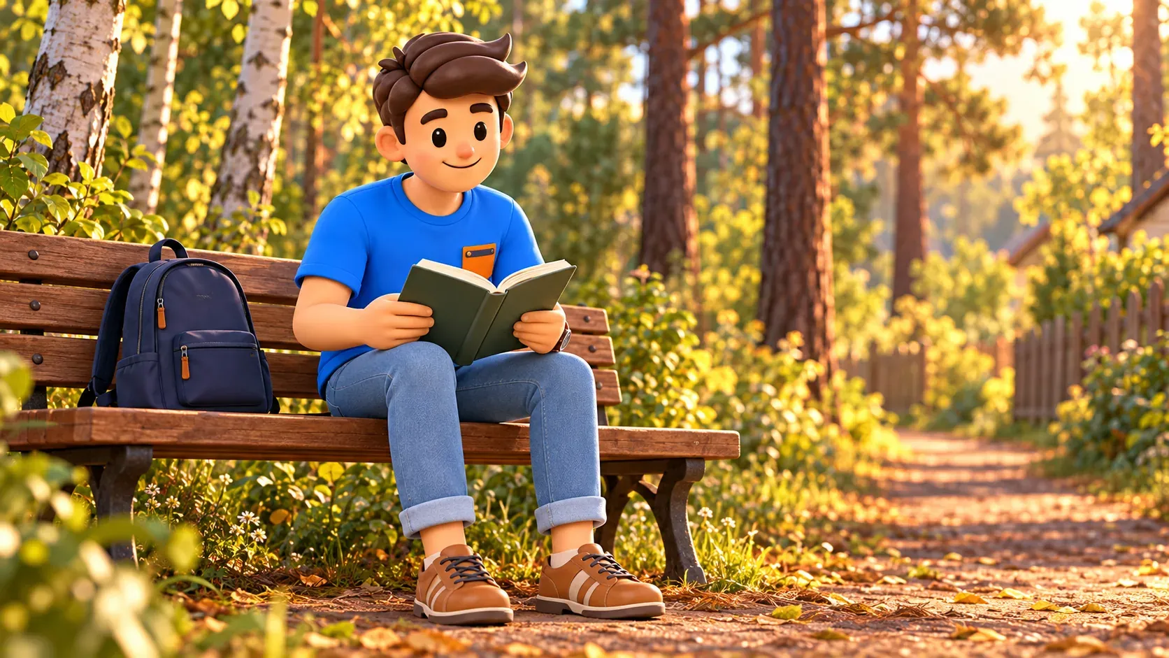 Un voyageur lit son livre sur un banc parmi les arbres, illustration 3D