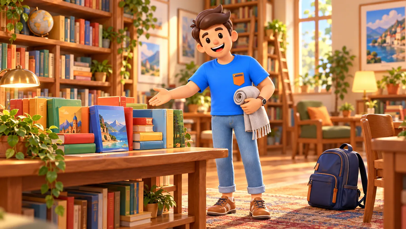 Un voyageur avec son écharpe près d’une table de livres dans une bibliothèque illustrée, illustration 3D