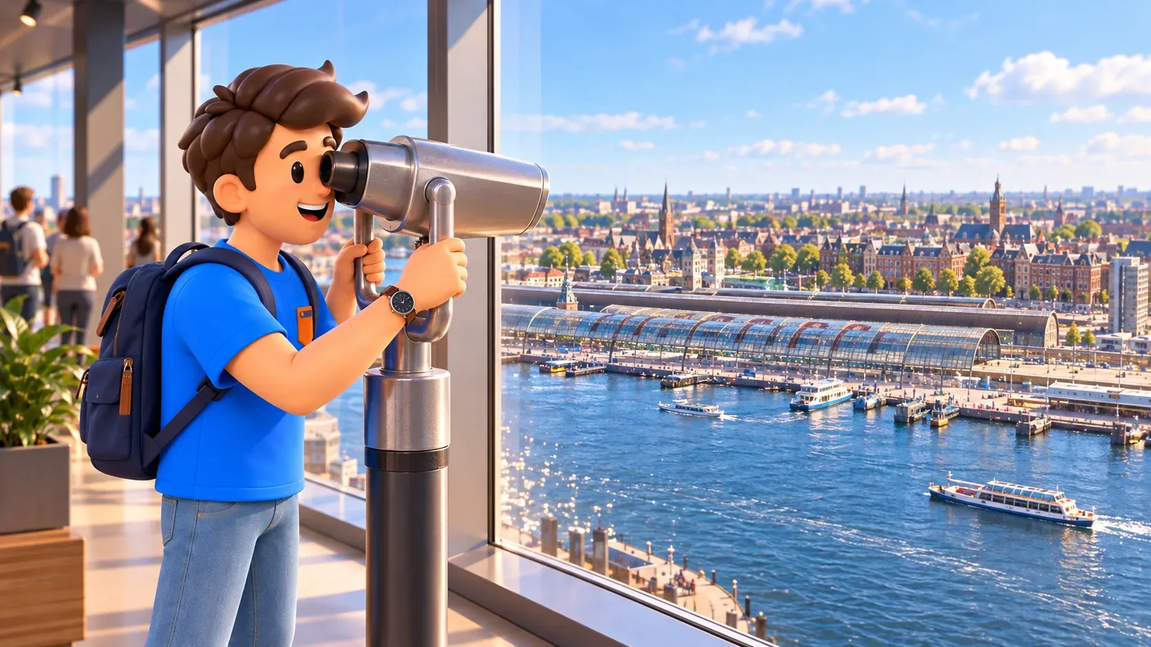 Ilustración temática de un viajero con visor panorámico ante el IJ y Amsterdam Centraal