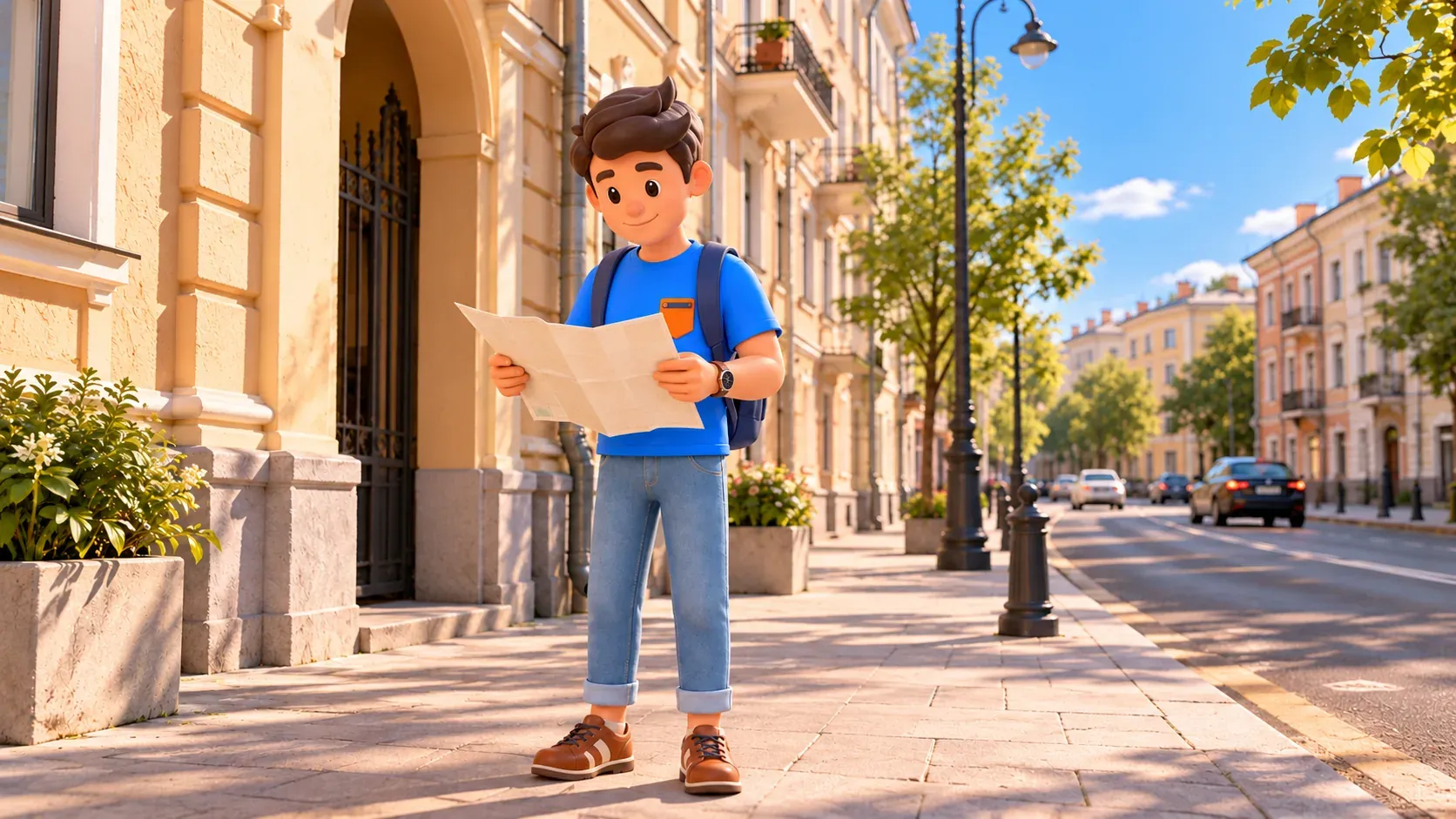 Ein Reisender mit Karte in einer illustrativen Moskauer Gasse mit Torbogen, 3D-Illustration