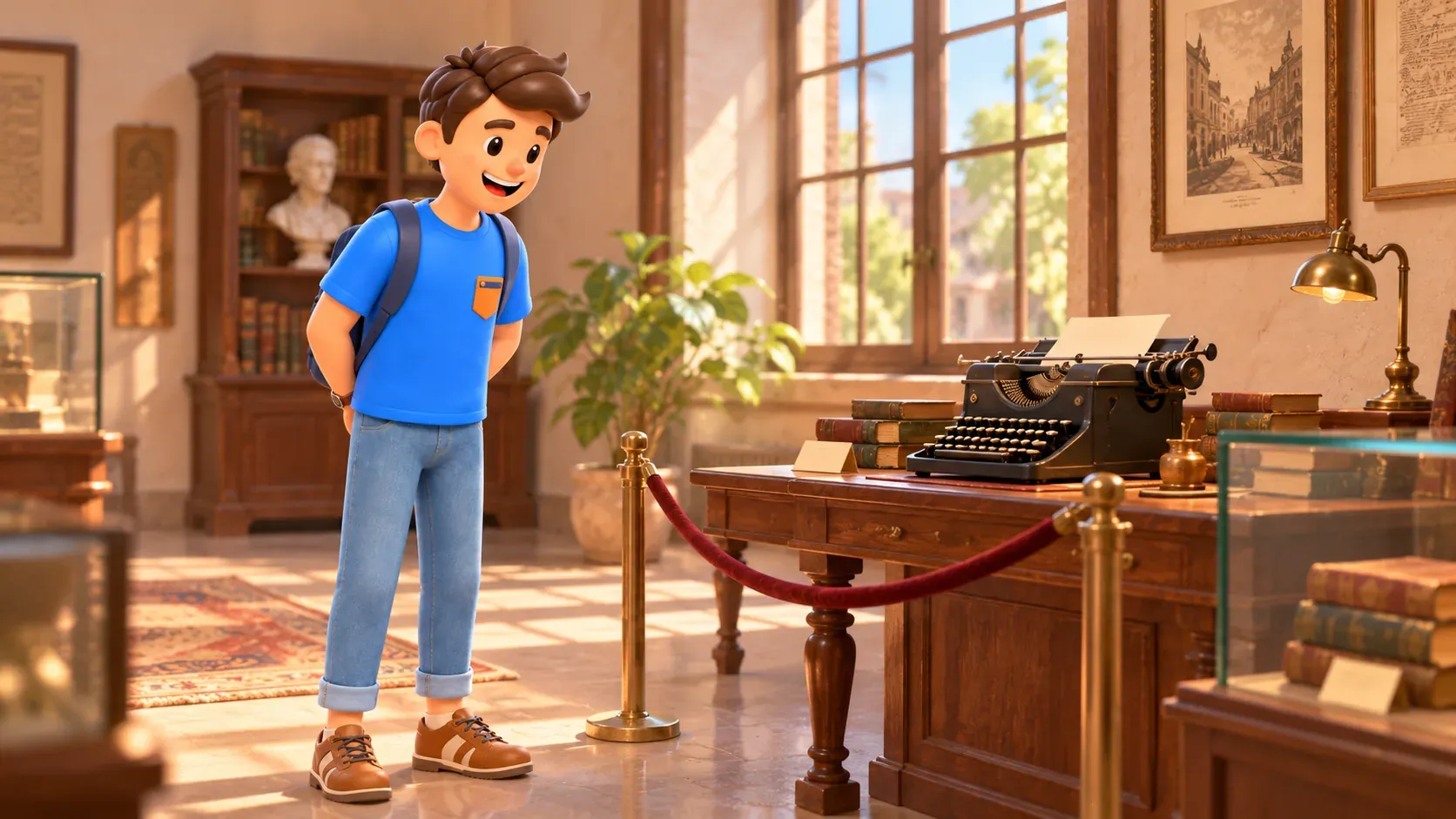 Ein Reisender vor einer illustrativen Museumsvitrine und einem Schreibtisch mit Schreibmaschine, 3D-Illustration