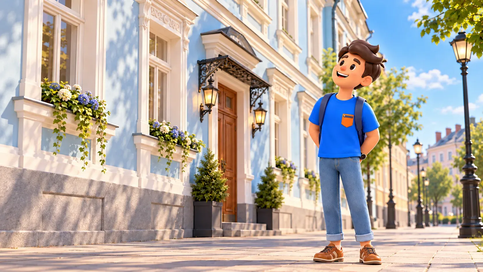 A traveler looks at a stylized pale-blue memorial-house facade, 3D illustration