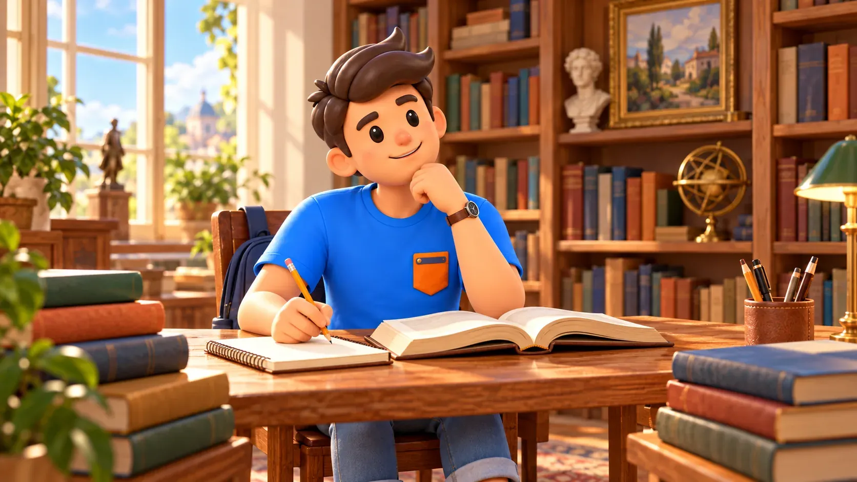 A traveler with a pencil reads at a desk in an illustrative literary room, 3D illustration
