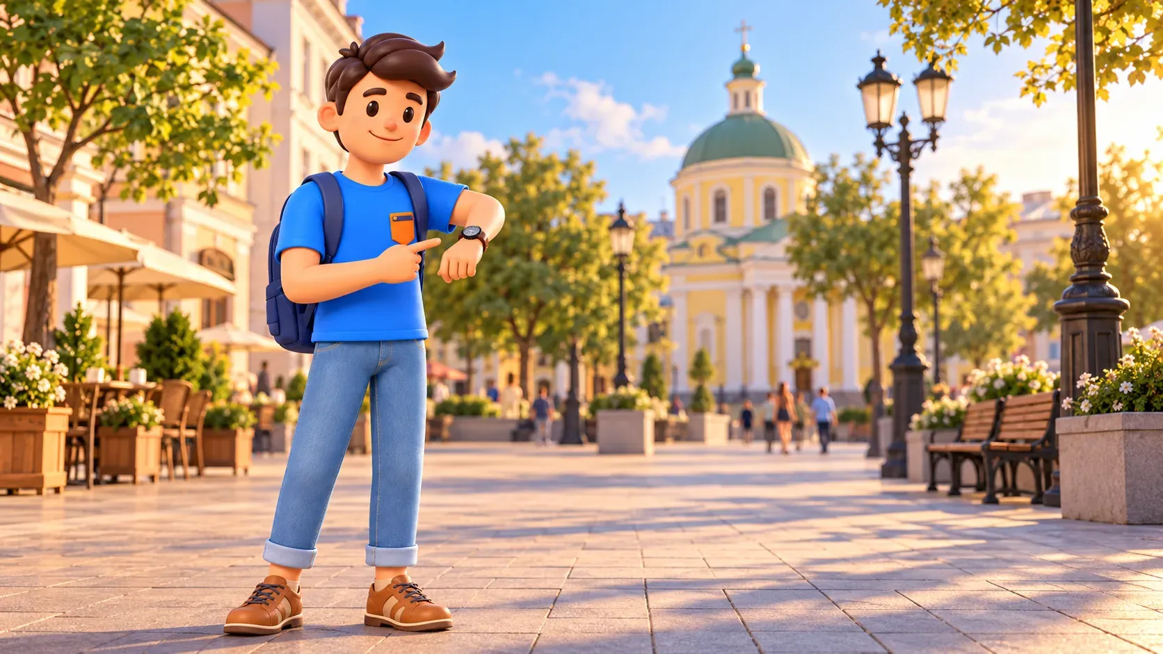 A traveler checks his watch in an illustrative square with a classical church, 3D illustration