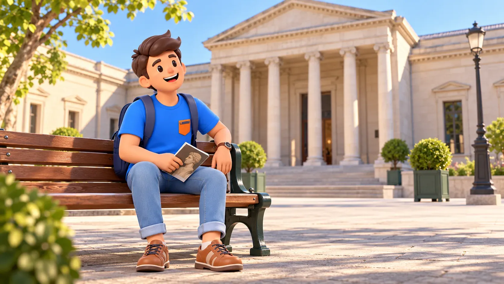 The character resting with a booklet beside a neoclassical museum facade