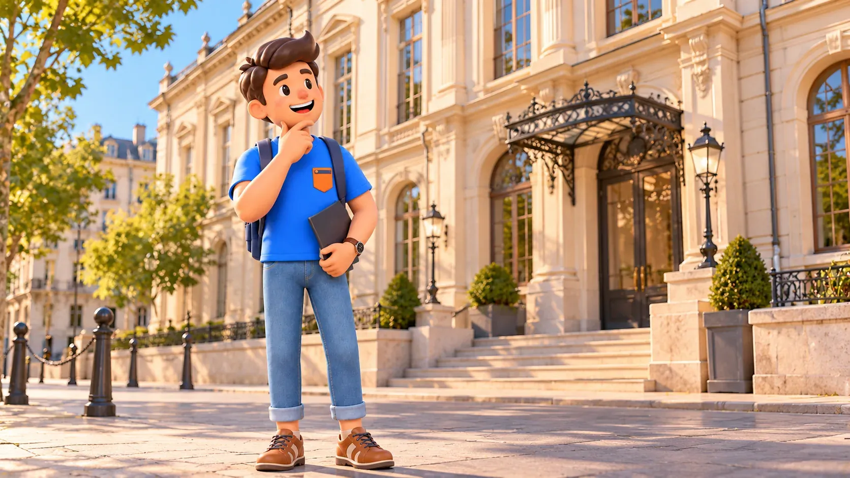 A traveller viewing the facade of a music school