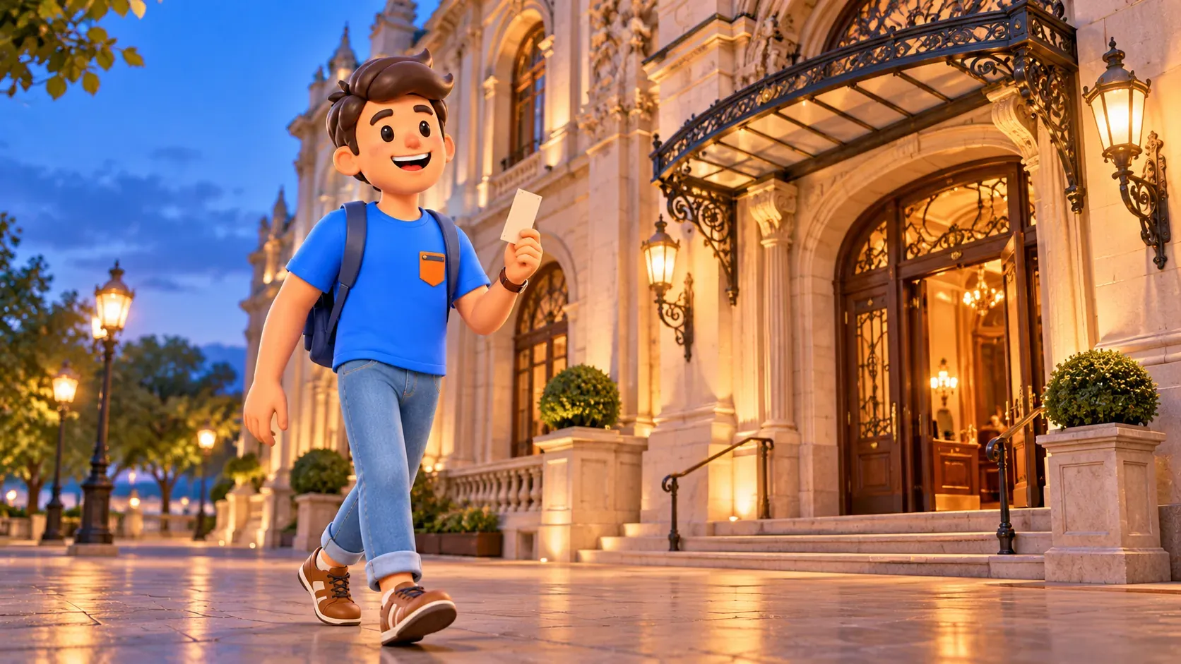The character walking towards a concert venue in the evening with a ticket
