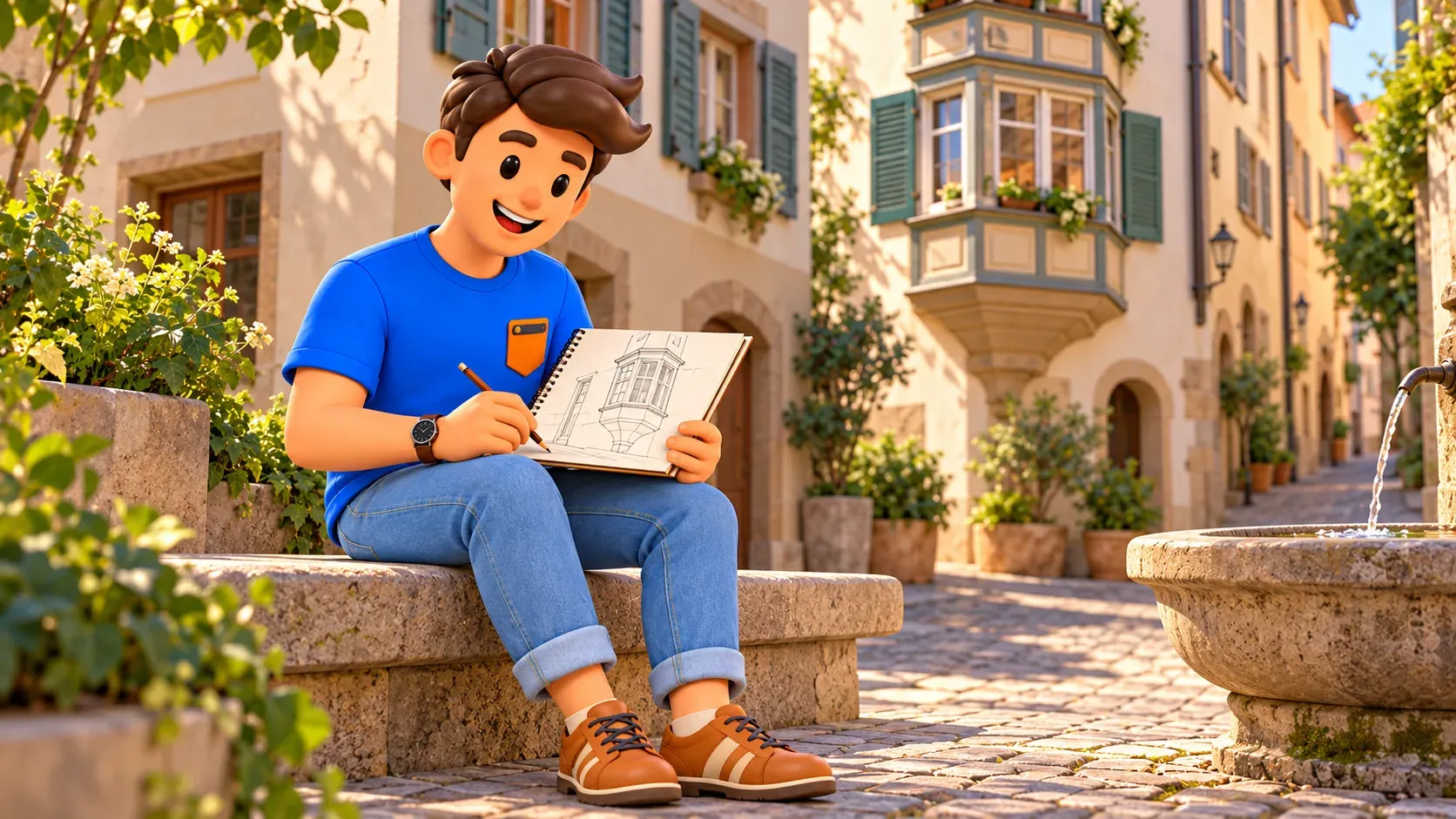 Illustration of a traveller sketching a bay window while sitting on a bench