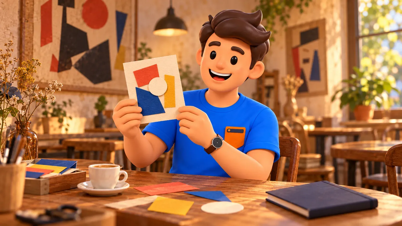Illustration of a traveller making a paper composition in an imagined café